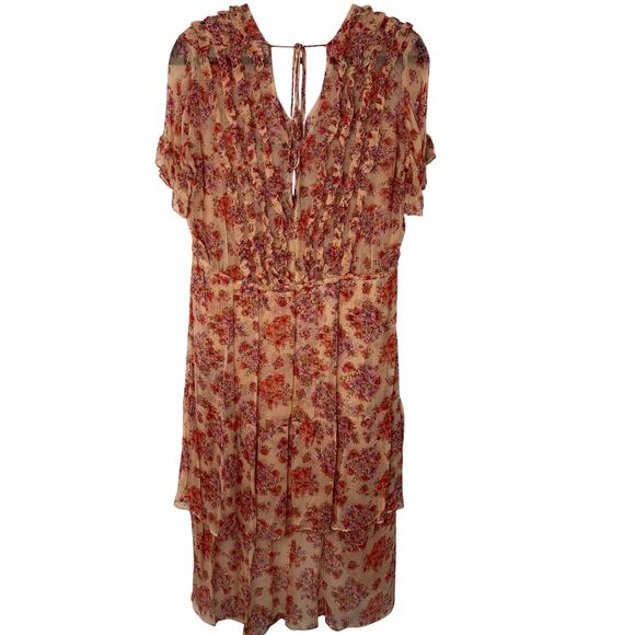 The Kooples Paris S Cottagecore Ruffle Midi Dress Tan Pink Floral Flowy Chiffon - Picture 2 of 16